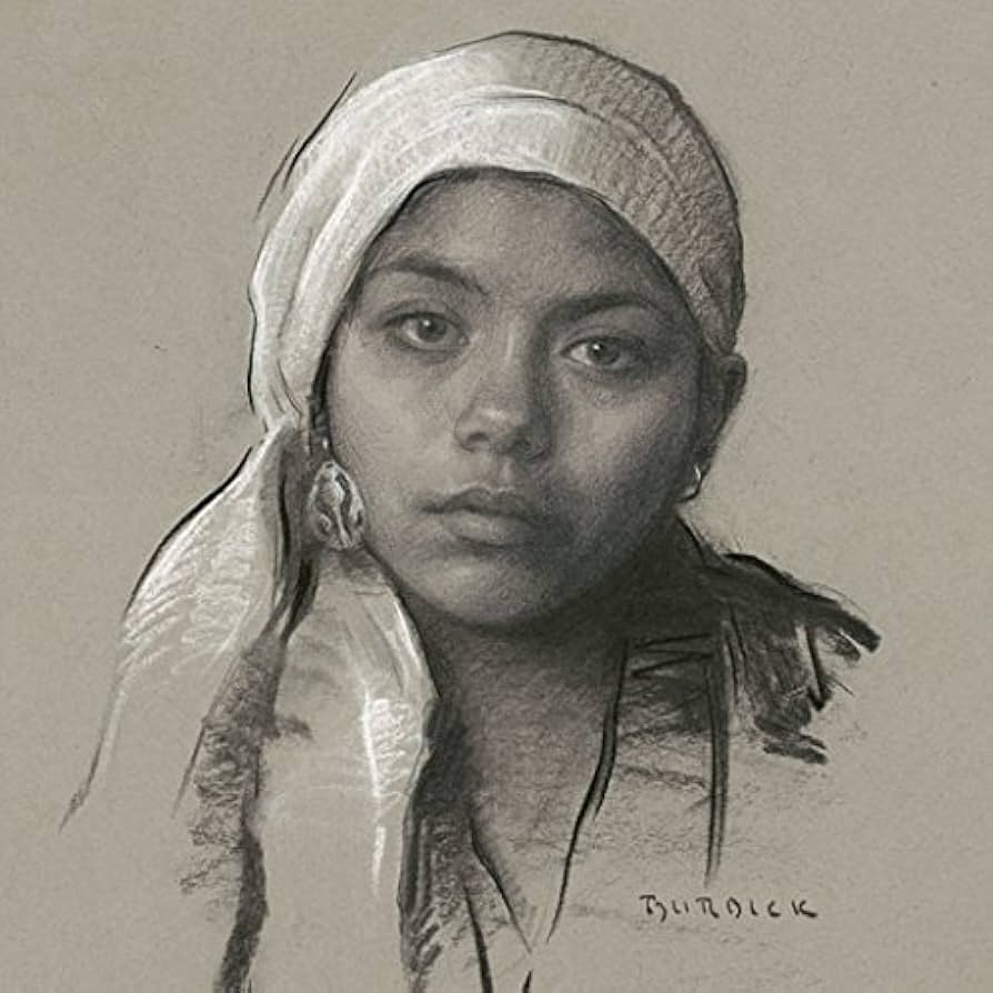 Charcoal sketch of a woman with a headscarf, detailed facial features, and contemplative expression on a textured paper background.