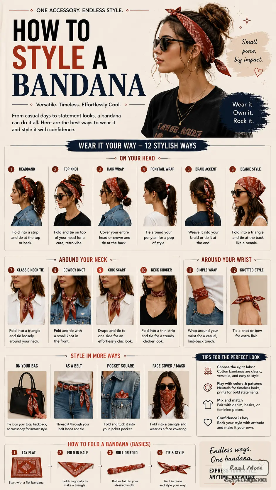Bandana styling infographic: 12 stylish ways to wear a bandana — head, neck, wrist, bag, belt, pocket square plus folding tutorial