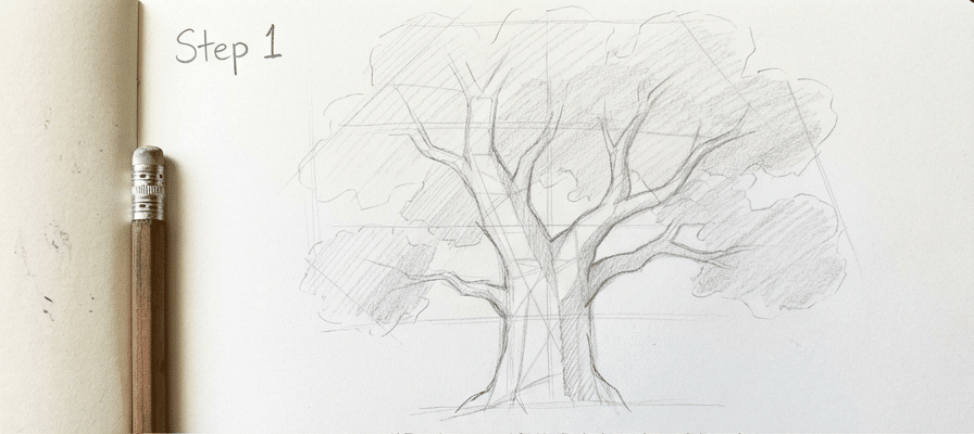 tutorial-step-1 13 Pencil sketch of a tree on drawing paper with a pencil, labeled Step 1, showcasing basic outlines and shading techniques. | Sky Rye Design Pencil sketch of a tree on drawing paper with a pencil, labeled Step 1, showcasing basic outlines and shading techniques.