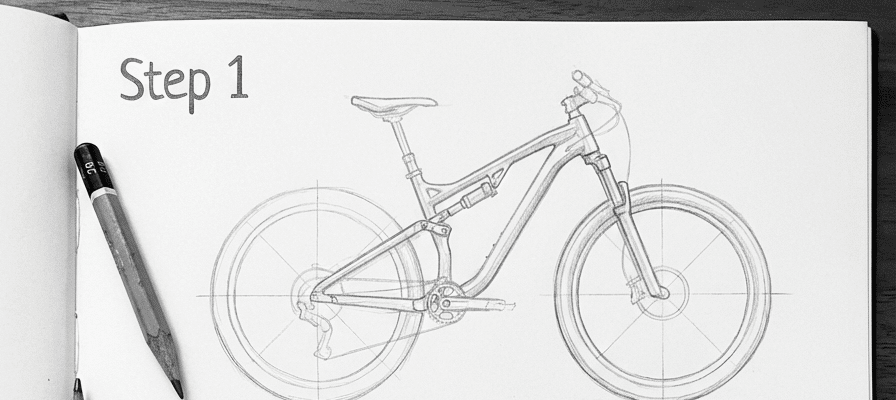 Pencil sketch of a bicycle drawing in progress, labeled Step 1, on a sketchbook page with a pencil beside it.