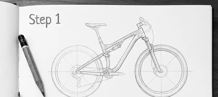 Pencil sketch of a bicycle drawing in progress, labeled Step 1, on a sketchbook page with a pencil beside it.