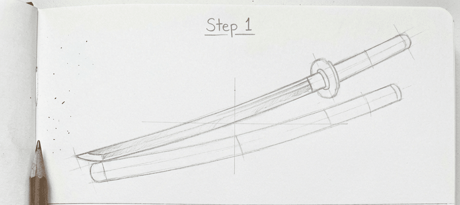 tutorial-step-1 2 Pencil sketch of a katana sword with scabbard, labeled Step 1 on notebook paper with a pencil beside it. | Sky Rye Design Pencil sketch of a katana sword with scabbard, labeled Step 1 on notebook paper with a pencil beside it.