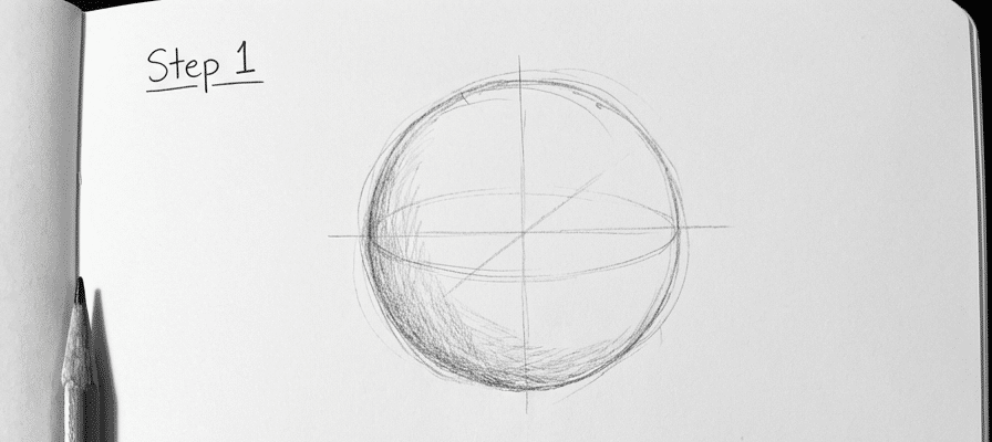 tutorial-step-1 3 Sketching basics: Step 1 - Pencil illustration of a sphere with guide lines on white paper for drawing beginners. | Sky Rye Design Sketching basics: Step 1 - Pencil illustration of a sphere with guide lines on white paper for drawing beginners.