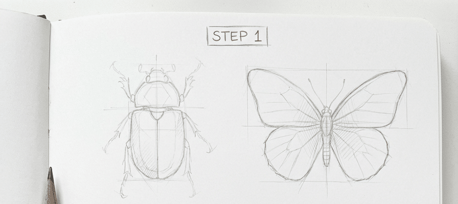 tutorial-step-1 3 Drawing tutorial: Step 1 sketch of a beetle and butterfly, illustrating basic outlines and proportions on a white page with a pencil. | Sky Rye Design Drawing tutorial: Step 1 sketch of a beetle and butterfly, illustrating basic outlines and proportions on a white page with a pencil.