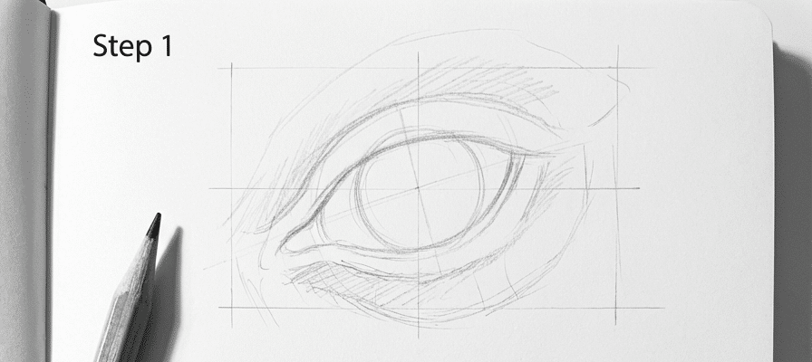 tutorial-step-1 5 Step 1 of drawing an eye: sketch of an eye in pencil with guidelines on a white sketchbook page, pencil alongside. | Sky Rye Design Step 1 of drawing an eye: sketch of an eye in pencil with guidelines on a white sketchbook page, pencil alongside.