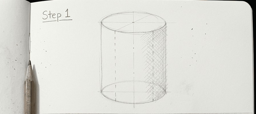 tutorial-step-1 5 Sketch of a cylindrical shape in a notebook labeled Step 1, with a pencil for drawing basics and geometry illustration. | Sky Rye Design Sketch of a cylindrical shape in a notebook labeled Step 1, with a pencil for drawing basics and geometry illustration.