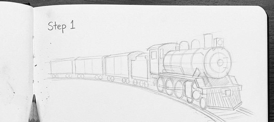 tutorial-step-1 6 Pencil sketch of a steam train and carriages in a notebook, labeled Step 1. Drawing tutorial or artistic process concept. | Sky Rye Design Pencil sketch of a steam train and carriages in a notebook, labeled Step 1. Drawing tutorial or artistic process concept.