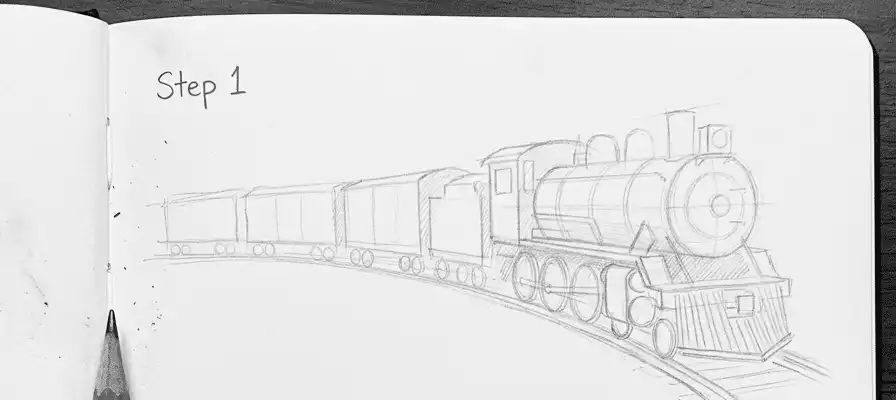 Pencil sketch of a steam train and carriages in a notebook, labeled Step 1. Drawing tutorial or artistic process concept.