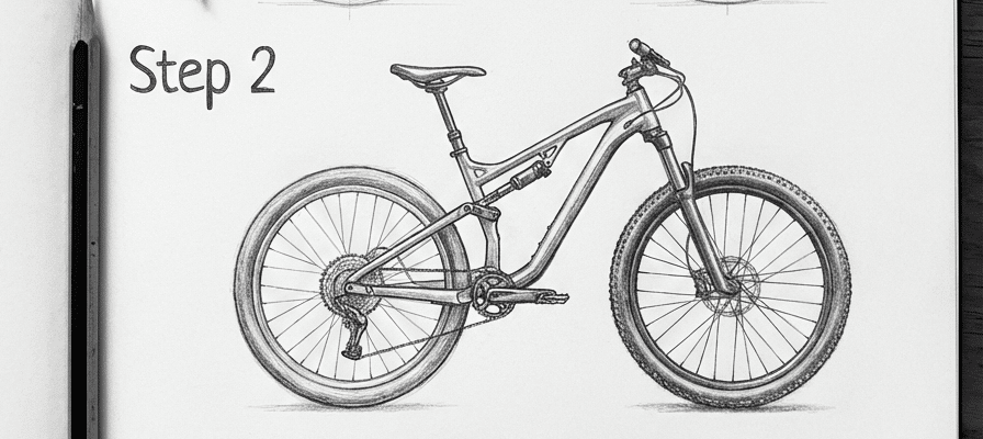 Step 2: Detailed pencil sketch of a mountain bike on paper, highlighting frame and wheel design, with a pencil next to the drawing.
