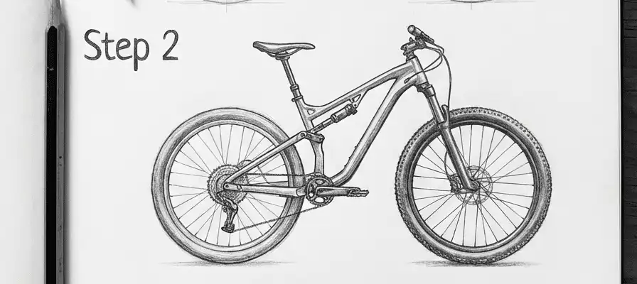 Step 2: Detailed pencil sketch of a mountain bike on paper, highlighting frame and wheel design, with a pencil next to the drawing.