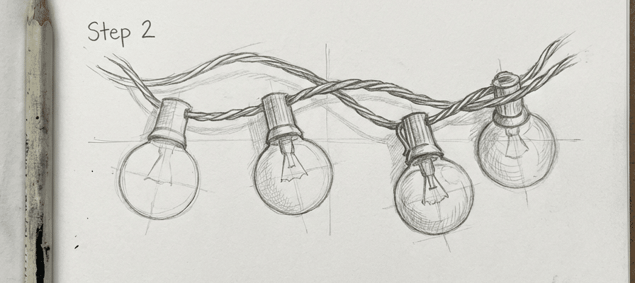 tutorial-step-2 3 Pencil sketch of four light bulbs on a string, illustrating Step 2 in drawing Christmas lights. | Sky Rye Design Pencil sketch of four light bulbs on a string, illustrating Step 2 in drawing Christmas lights.