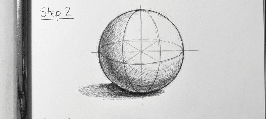 tutorial-step-2 4 Step 2: Realistic pencil sketch of a 3D sphere with shading and construction lines on paper. | Sky Rye Design Step 2: Realistic pencil sketch of a 3D sphere with shading and construction lines on paper.