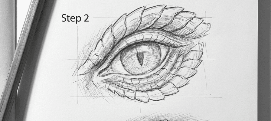 tutorial-step-2 5 Pencil sketch of a dragon eye, Step 2, showcasing detailed scales and shading techniques in a drawing tutorial. | Sky Rye Design Pencil sketch of a dragon eye, Step 2, showcasing detailed scales and shading techniques in a drawing tutorial.
