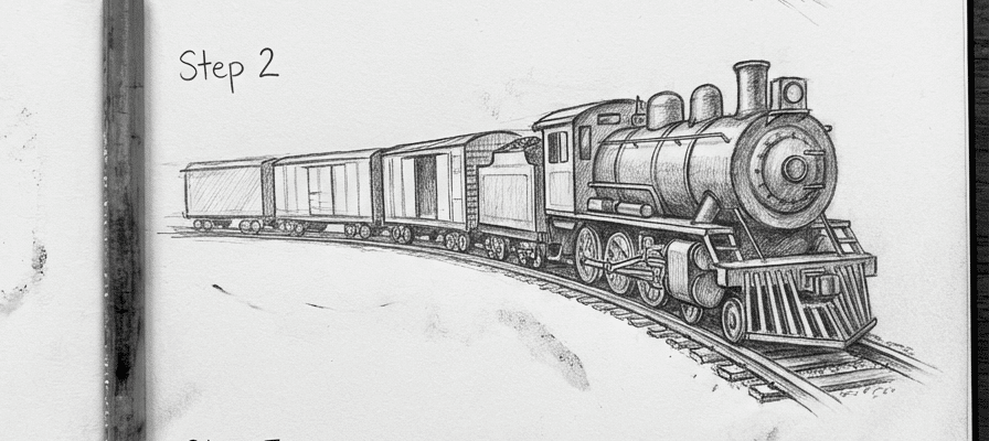 tutorial-step-2 5 Pencil sketch of a steam locomotive and train cars on curved tracks, labeled Step 2. | Sky Rye Design Pencil sketch of a steam locomotive and train cars on curved tracks, labeled Step 2.