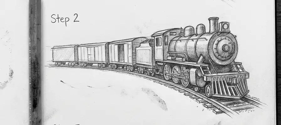 Pencil sketch of a steam locomotive and train cars on curved tracks, labeled Step 2.