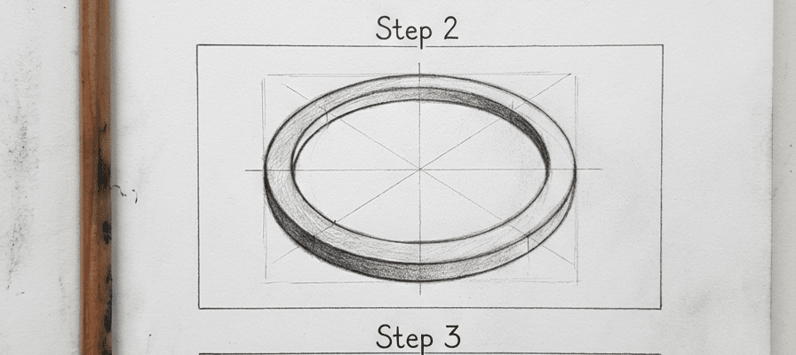 tutorial-step-2 5 Sketch of a 3D ring in progress, Step 2. Pencil drawing with guidelines on paper, illustrating shading and perspective techniques. | Sky Rye Design Sketch of a 3D ring in progress, Step 2. Pencil drawing with guidelines on paper, illustrating shading and perspective techniques.