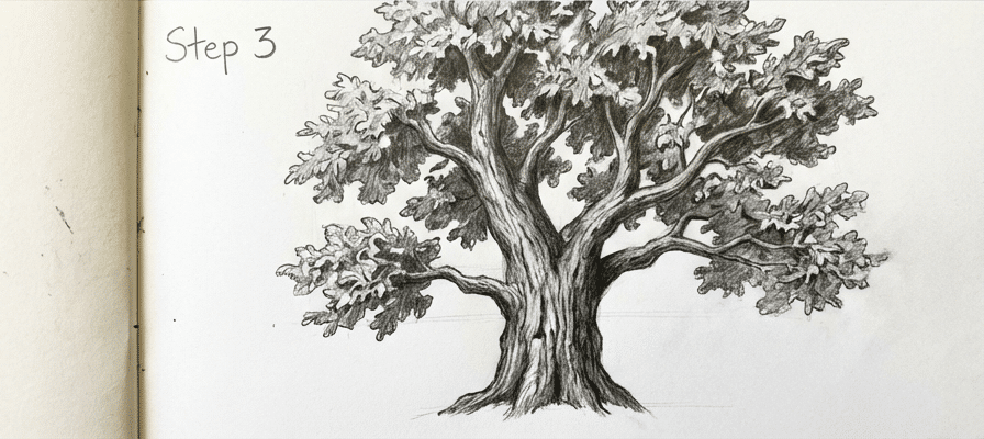 tutorial-step-3 13 Pencil drawing of a detailed tree at step 3, showcasing intricate branches and lush leaves, perfect for art tutorials or nature sketches. | Sky Rye Design Pencil drawing of a detailed tree at step 3, showcasing intricate branches and lush leaves, perfect for art tutorials or nature sketches.