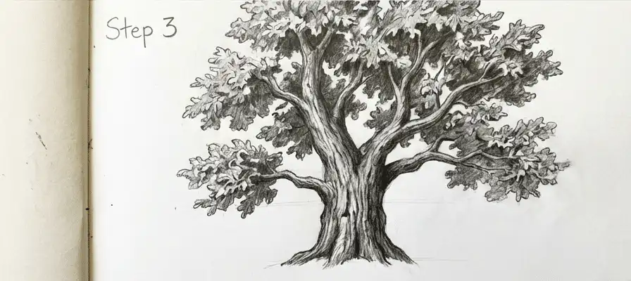 Pencil drawing of a detailed tree at step 3, showcasing intricate branches and lush leaves, perfect for art tutorials or nature sketches.
