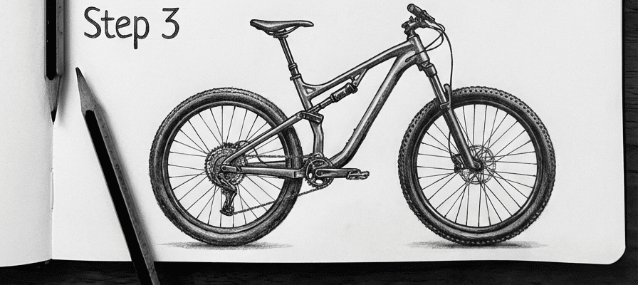 Pencil sketch of a mountain bike labeled Step 3 on an open notebook, with pencils placed beside.