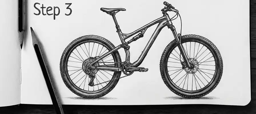 Pencil sketch of a mountain bike labeled Step 3 on an open notebook, with pencils placed beside.