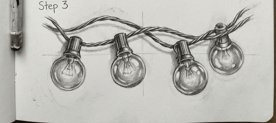 tutorial-step-3 3 Pencil sketch of string lights in Step 3, showcasing four bulbs hanging on a twisted wire, demonstrating art technique and shading skills. | Sky Rye Design Pencil sketch of string lights in Step 3, showcasing four bulbs hanging on a twisted wire, demonstrating art technique and shading skills.