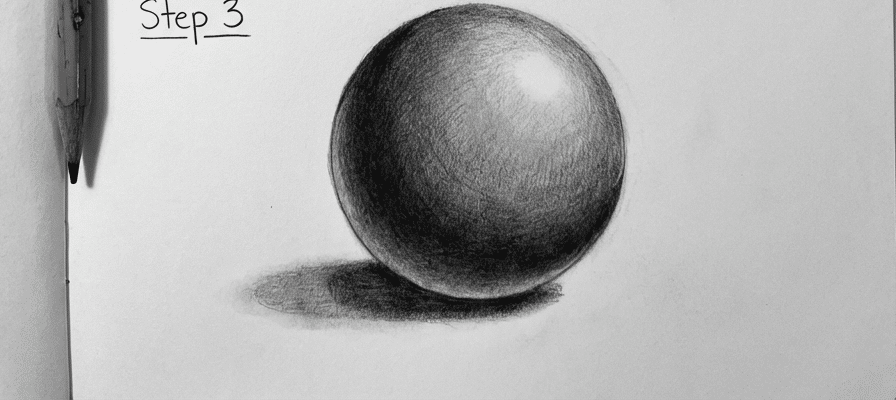 tutorial-step-3 3 Pencil drawing tutorial Step 3: Shaded sphere with realistic shadow, showcasing light source and 3D effect. Art techniques guide. | Sky Rye Design Pencil drawing tutorial Step 3: Shaded sphere with realistic shadow, showcasing light source and 3D effect. Art techniques guide.