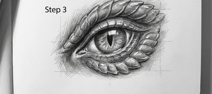 tutorial-step-3 5 Illustrated tutorial on drawing a detailed dragon eye in pencil, featuring realistic scales and texture, marked as step 3 in the drawing process. | Sky Rye Design Illustrated tutorial on drawing a detailed dragon eye in pencil, featuring realistic scales and texture, marked as step 3 in the drawing process.
