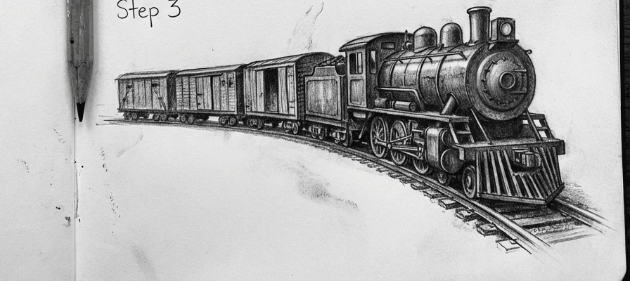tutorial-step-3 5 Pencil sketch of a classic steam train on tracks, detailed in black and white, labeled as Step 3. Artful train drawing with realistic shading. | Sky Rye Design Pencil sketch of a classic steam train on tracks, detailed in black and white, labeled as Step 3. Artful train drawing with realistic shading.