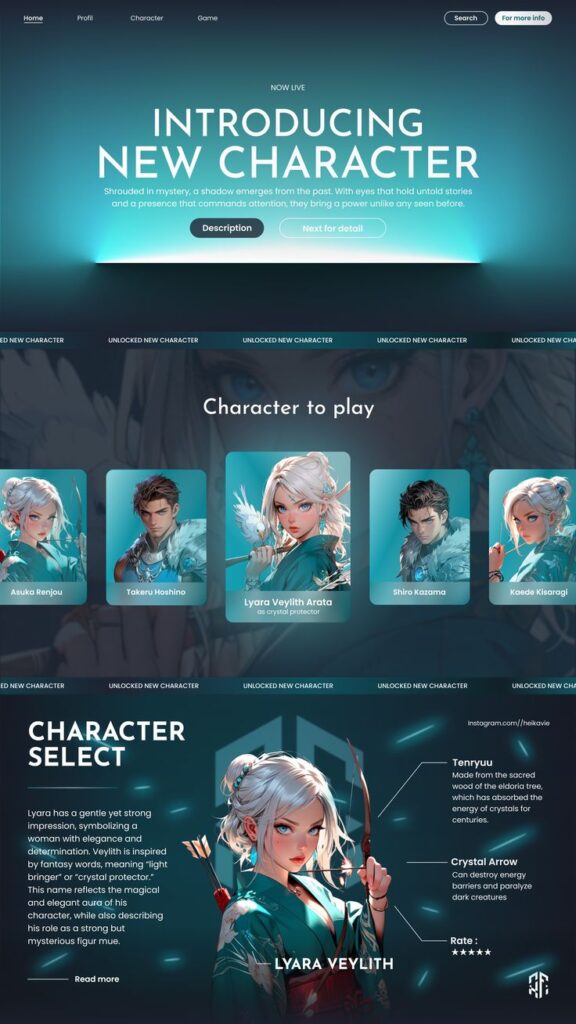 ui design with figma Introducing new character, Lyara Veylith, crystal protector. Explore a new fantasy gaming experience with vibrant visuals and powerful skills. | Sky Rye Design Introducing new character, Lyara Veylith, crystal protector. Explore a new fantasy gaming experience with vibrant visuals and powerful skills.