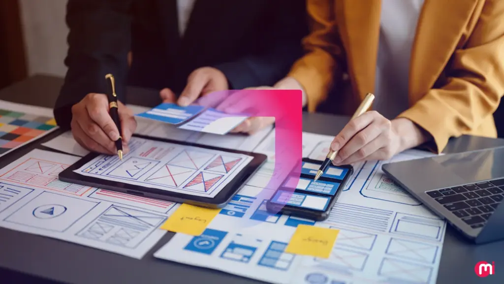 User interface design process with wireframes on a desk, tablet, and smartphone, highlighting collaborative teamwork in digital projects.