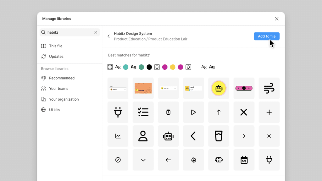 Design system interface showing icon selection in Habitz library with various styles and a highlighted robot icon ready to add to file.