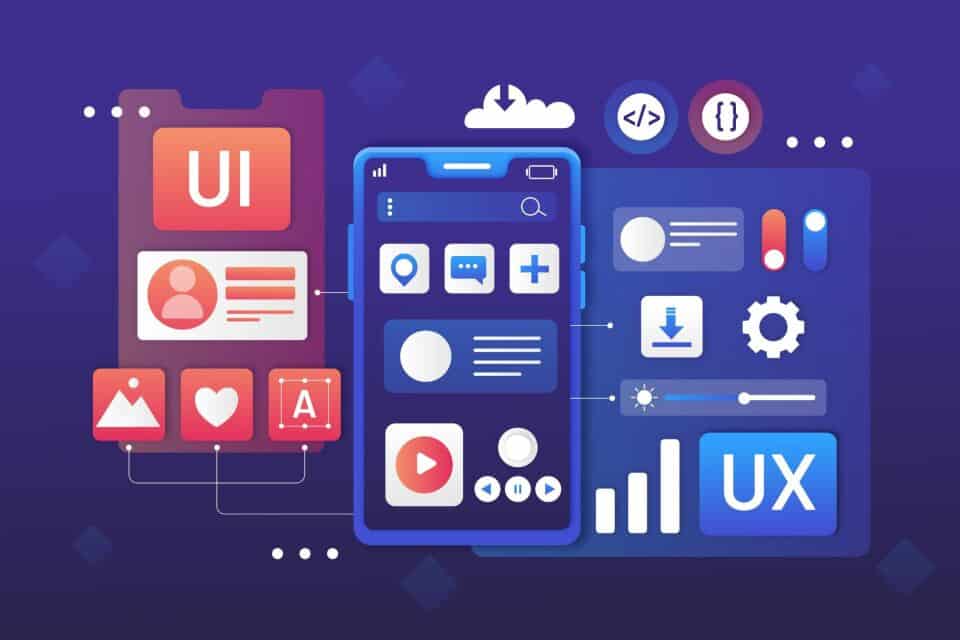 Illustration displaying UI and UX design elements for mobile apps, highlighting interface components and user experience flow.