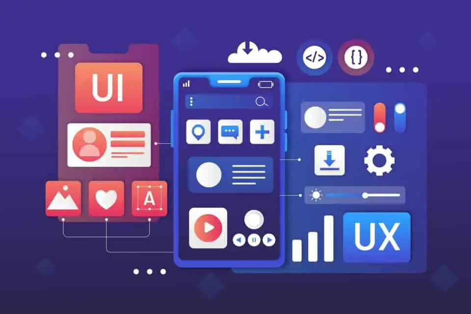 Illustration displaying UI and UX design elements for mobile apps, highlighting interface components and user experience flow.