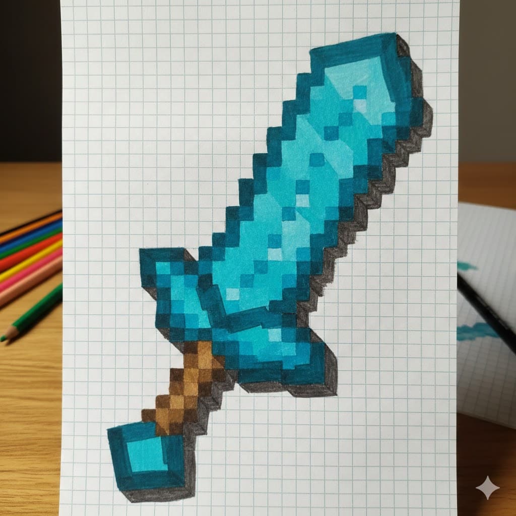 unnamed Pixelated sword drawing on graph paper, inspired by gaming style, with colored pencils in the background. Perfect for gaming art fans. | Sky Rye Design Pixelated sword drawing on graph paper, inspired by gaming style, with colored pencils in the background. Perfect for gaming art fans.