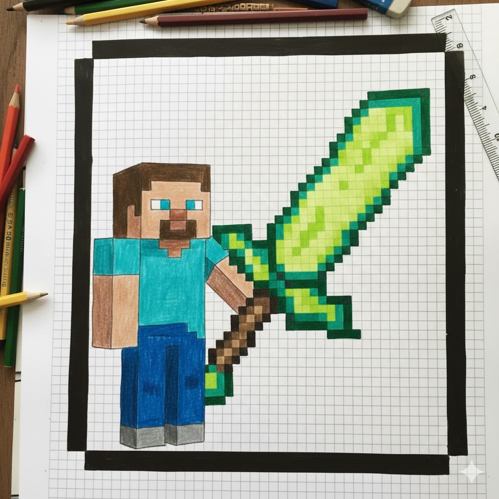 unnamed-4 Pixel art drawing of a Minecraft character holding a large green sword, surrounded by colored pencils and graph paper. | Sky Rye Design Pixel art drawing of a Minecraft character holding a large green sword, surrounded by colored pencils and graph paper.