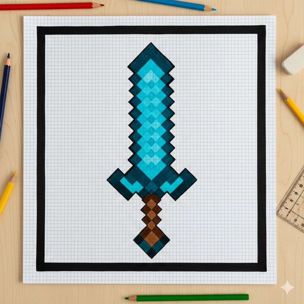 unnamed-5 Pixel art drawing of a blue sword on graph paper, surrounded by colored pencils and a ruler on a wooden desk. | Sky Rye Design Pixel art drawing of a blue sword on graph paper, surrounded by colored pencils and a ruler on a wooden desk.