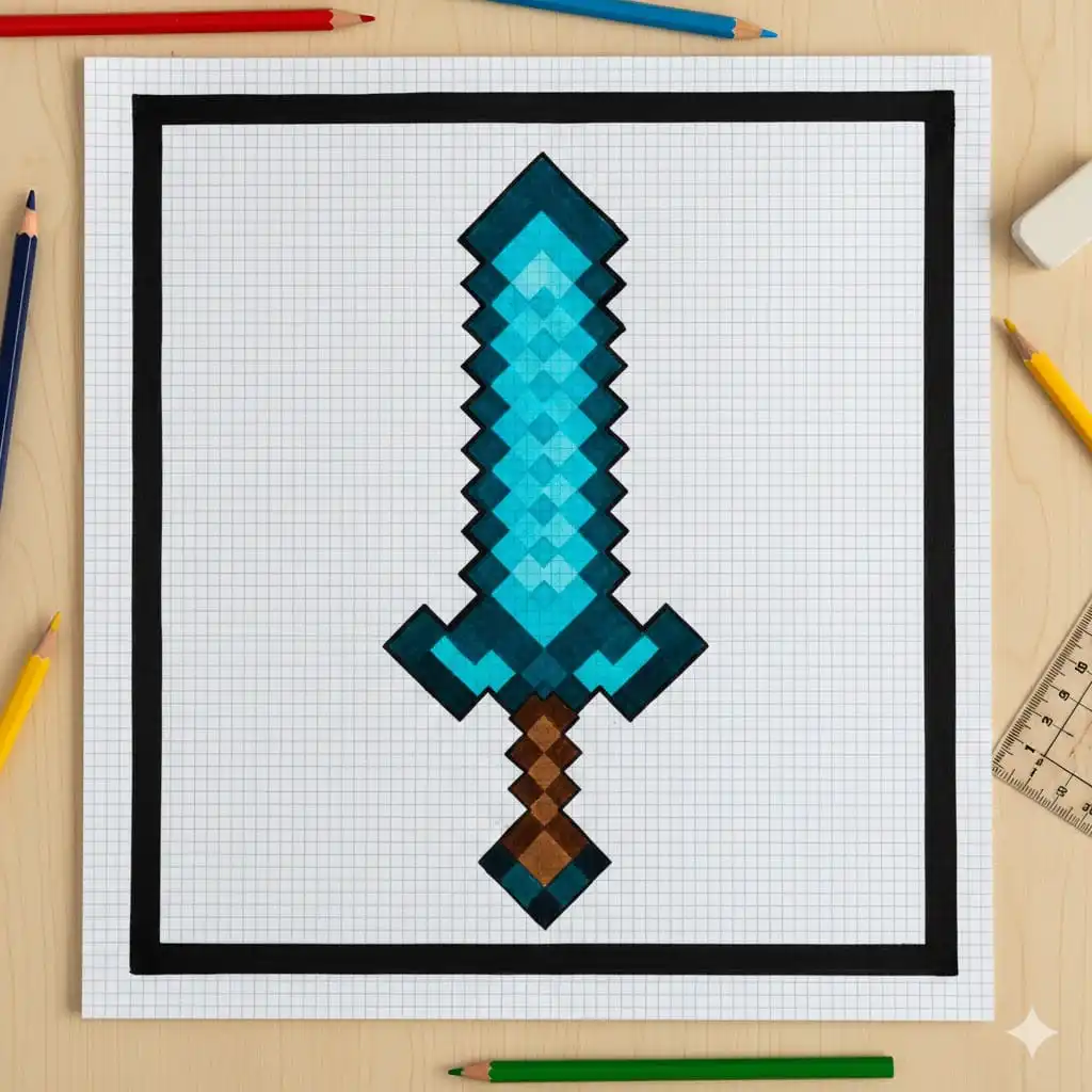 Pixel art drawing of a blue sword on graph paper, surrounded by colored pencils and a ruler on a wooden desk.