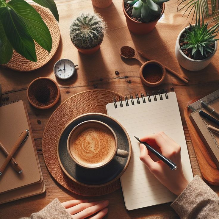 Cozy workspace with coffee, notebooks, and succulents on a wooden desk. A person writes in a notebook, creating a calm and inspiring atmosphere.