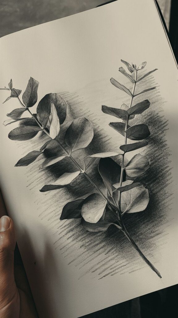 Hand holding a sketchbook featuring a detailed black and white drawing of eucalyptus leaves.