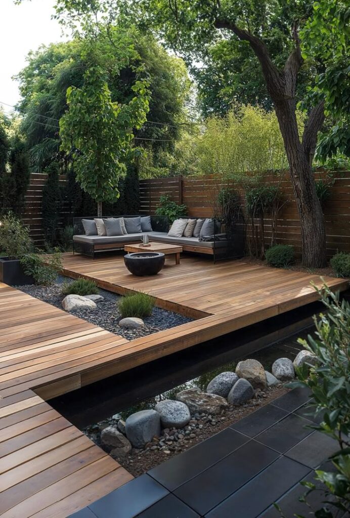 _ Modern backyard deck with cozy seating, trees, and a rock-bordered water feature, perfect for relaxing or entertaining outdoors. | Sky Rye Design Modern backyard deck with cozy seating, trees, and a rock-bordered water feature, perfect for relaxing or entertaining outdoors.