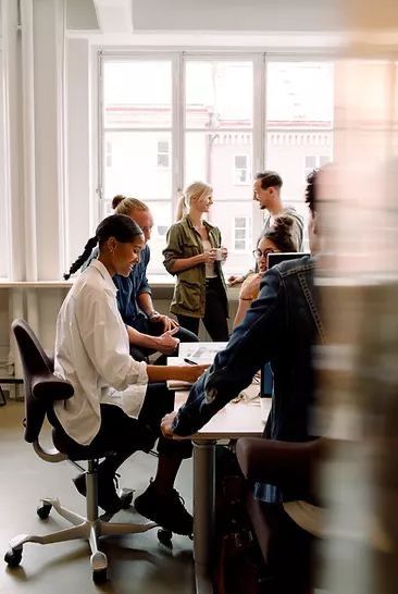 _ Team collaborating in a bright office space, focusing on a project at a table, with natural light streaming through large windows. | Sky Rye Design Team collaborating in a bright office space, focusing on a project at a table, with natural light streaming through large windows.
