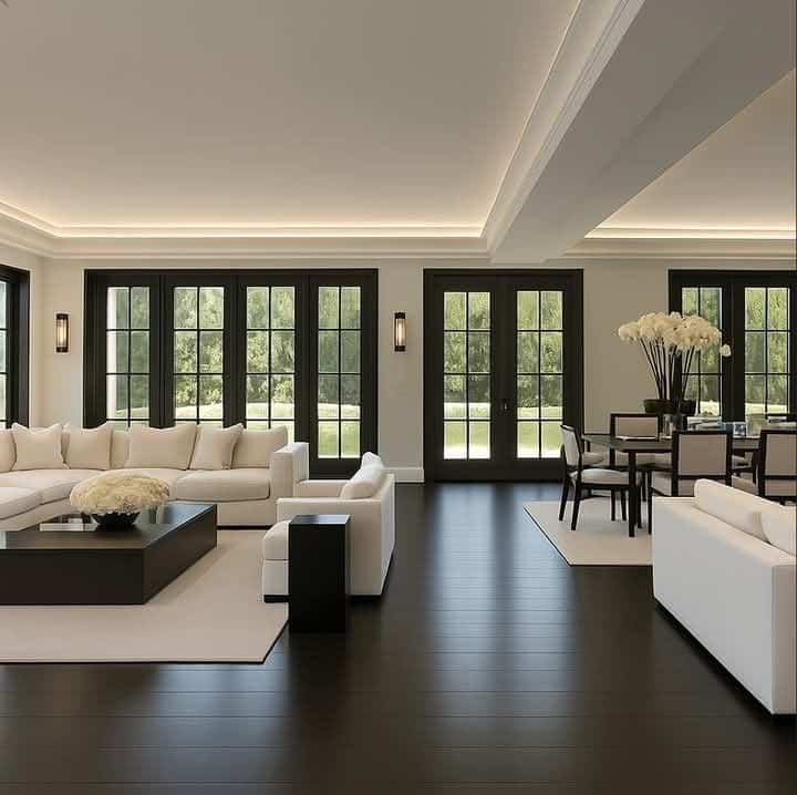 _ Modern open-concept living room with white sofas, black accents, and large windows offering a scenic garden view. Elegant and spacious design. | Sky Rye Design Modern open-concept living room with white sofas, black accents, and large windows offering a scenic garden view. Elegant and spacious design.