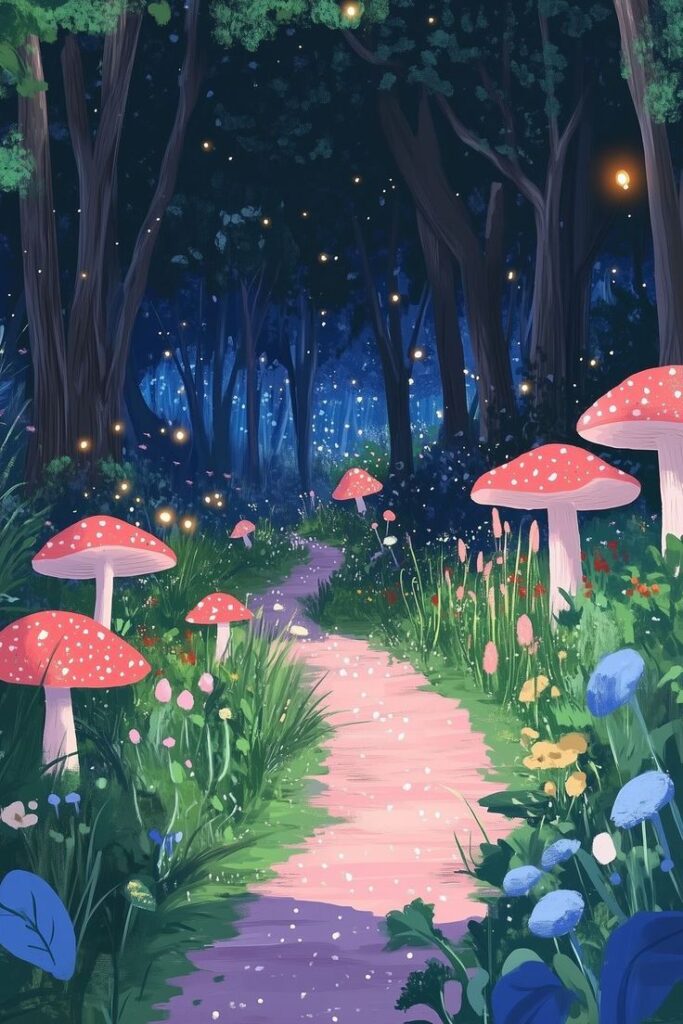 _ Enchanting forest path with glowing fireflies, surrounded by tall trees and red-capped mushrooms. Whimsical, magical night scene. | Sky Rye Design Enchanting forest path with glowing fireflies, surrounded by tall trees and red-capped mushrooms. Whimsical, magical night scene.
