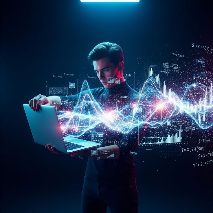 _ Young man analyzing complex data on a laptop, surrounded by glowing digital graphs and formulas, symbolizing cutting-edge technology. | Sky Rye Design Young man analyzing complex data on a laptop, surrounded by glowing digital graphs and formulas, symbolizing cutting-edge technology.