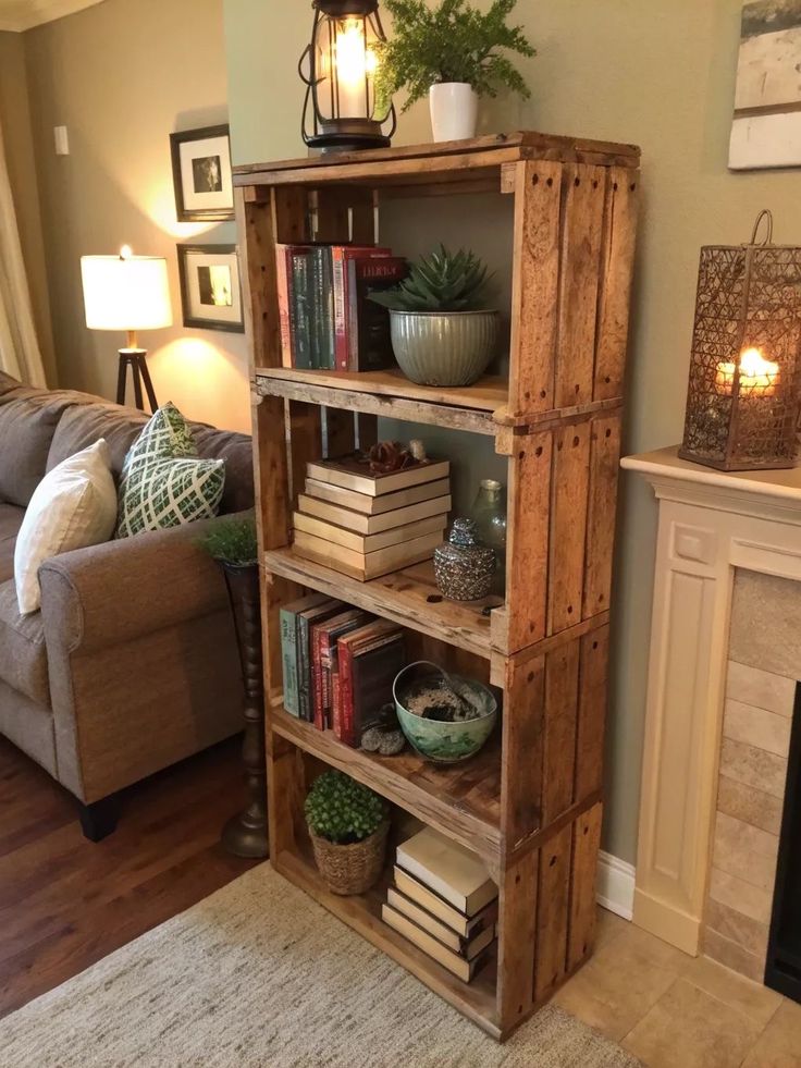 Rustic wooden bookshelf with plants, books, and decor in a cozy living room. Stylish interior design featuring a farmhouse aesthetic.