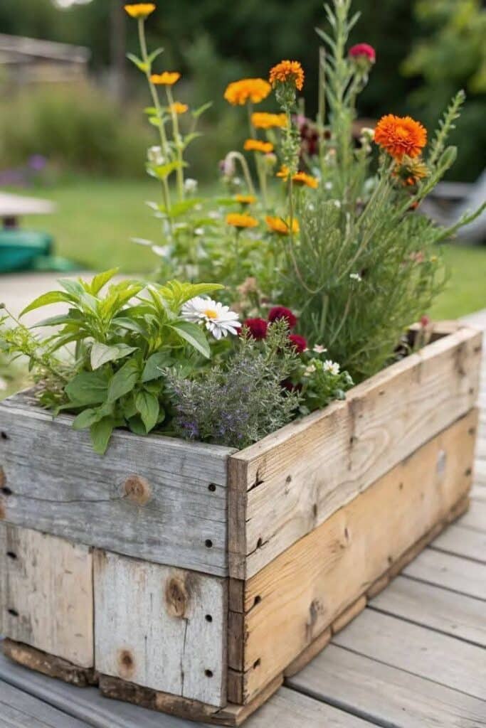 _ Wooden planter box on deck filled with vibrant flowers and herbs, including marigolds, daisies, and lavender, in a lush garden setting. | Sky Rye Design Wooden planter box on deck filled with vibrant flowers and herbs, including marigolds, daisies, and lavender, in a lush garden setting. pallet garden ideas