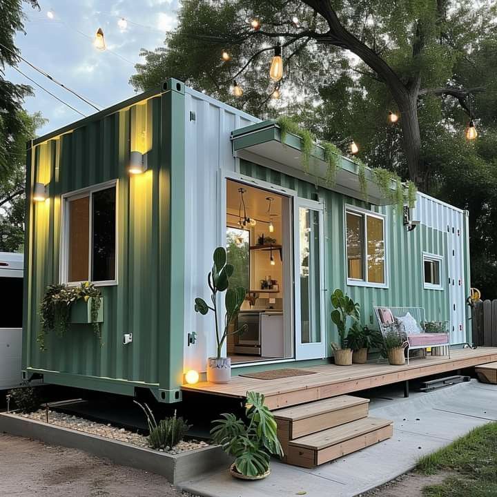 _ Green shipping container home with porch, string lights, and plants, set in a lush outdoor environment. Modern, cozy tiny house living. | Sky Rye Design Green shipping container home with porch, string lights, and plants, set in a lush outdoor environment. Modern, cozy tiny house living.