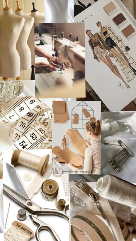 _ Collage of fashion design tools: mannequins, sewing machine, sketches, patterns, thread, scissors, measuring tape, and fabric samples. | Sky Rye Design Collage of fashion design tools: mannequins, sewing machine, sketches, patterns, thread, scissors, measuring tape, and fabric samples.