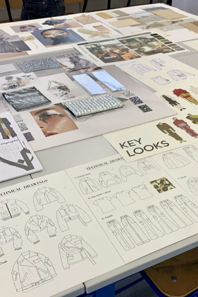 _ Fashion design mood board with technical drawings, fabric samples, and inspiration images for clothing collection ideas. | Sky Rye Design Fashion design mood board with technical drawings, fabric samples, and inspiration images for clothing collection ideas.