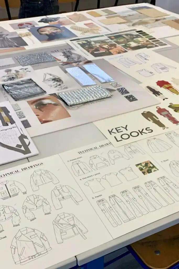 Fashion design mood board with technical drawings, fabric samples, and inspiration images for clothing collection ideas.